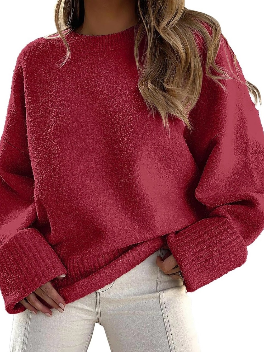 Women’s Oversized Sweater Large Red Crewneck Cuff Sleeve Y2K Cozy Lounge